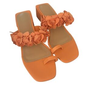 Tangerine 3D Floral Block Heel Sandals Size 7 Genevieve Square Toe Summer Shoes